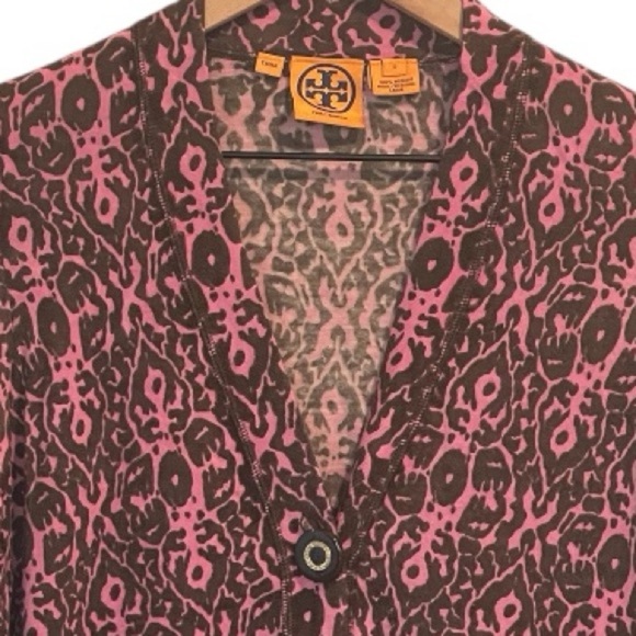 Tory Burch Merino Wool Cardigan Sweater, Pink and Brown Print, Logo Buttons, S - Picture 15 of 15